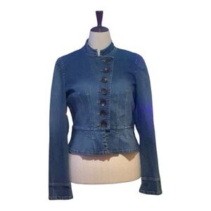 XOXO Medium Wash Blue Denim Military Jean Jacket Peplum Accent Tailored Fit Sz L